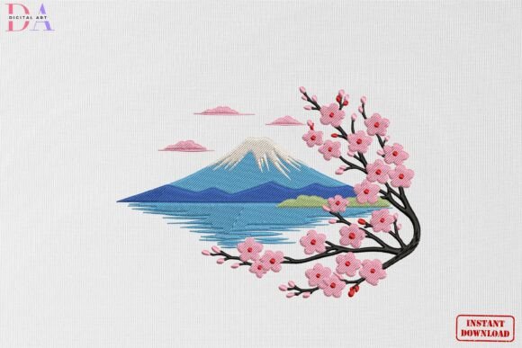 Cherry Blossom Mountain Serenity: A Seasonal Embroidery Gem